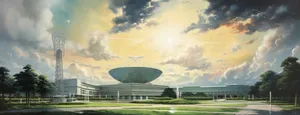 An AI generated image of a bright watercolor of storm clouds passing over a corporate campus, filled with low square concrete buildings. All are surrounded by well manicured lawns. In the background is the iconic arecebo radio telescope