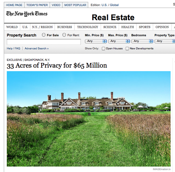 A screen shot from the New York times with a headline of 33 acres of privacy for 65 million, and a picture of a sprawling house on a huge estate