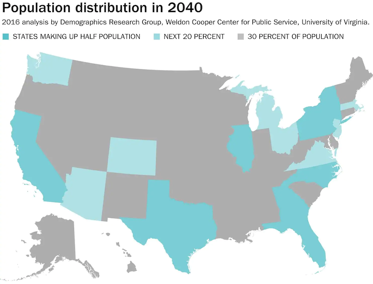 map identifying the most populated states in the US