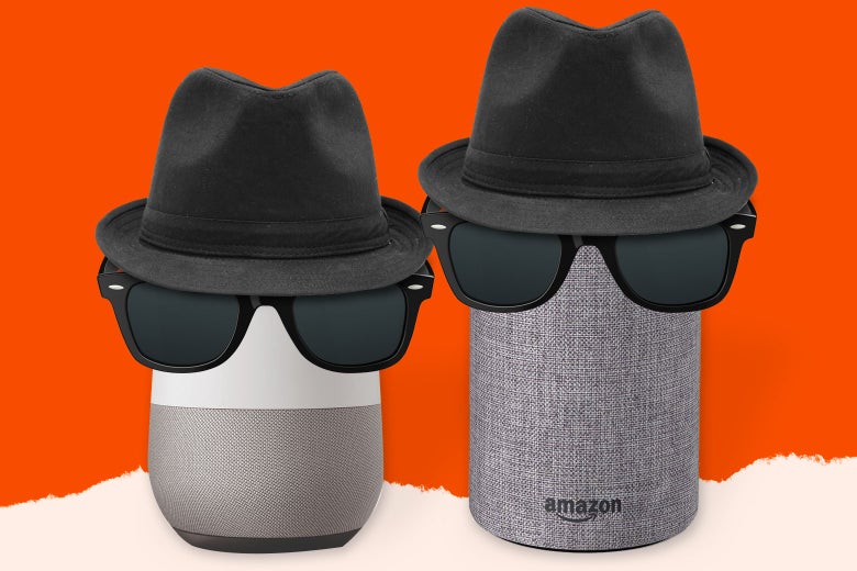 amazon alexa units wearing dark glasses and black fedoras