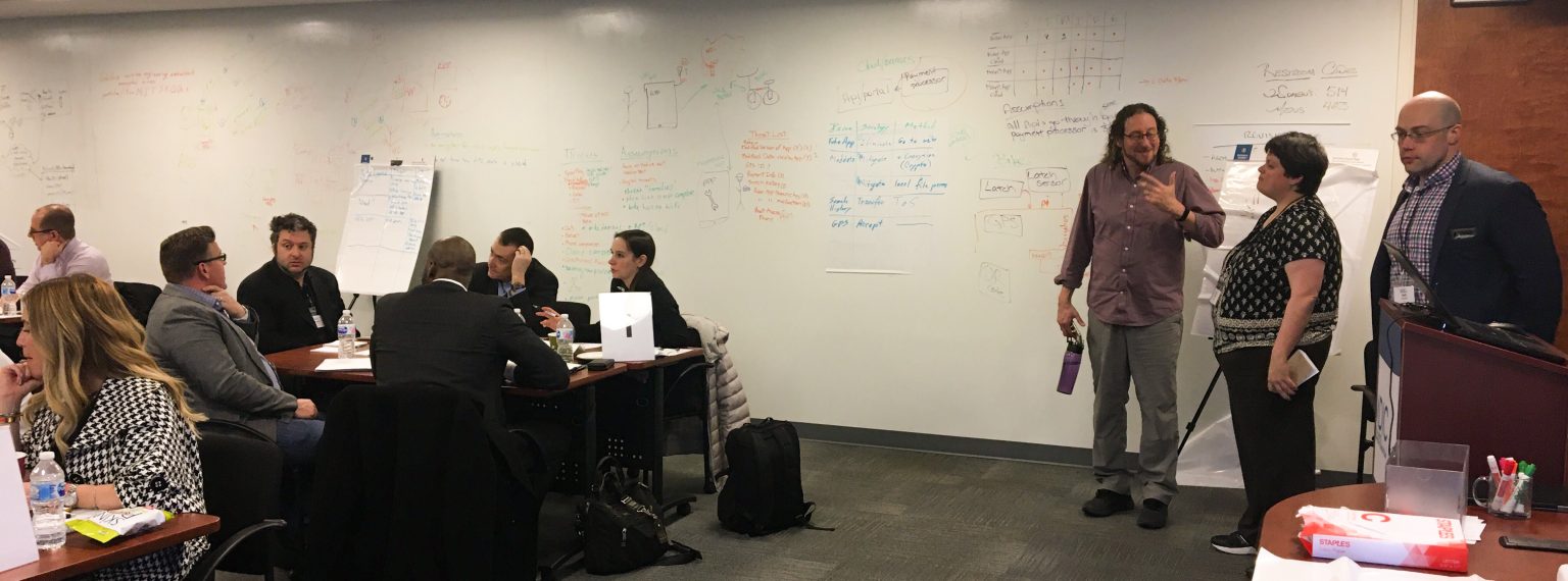 Wide view of in-person threat modeling training with Adam Shostack at the whiteboards