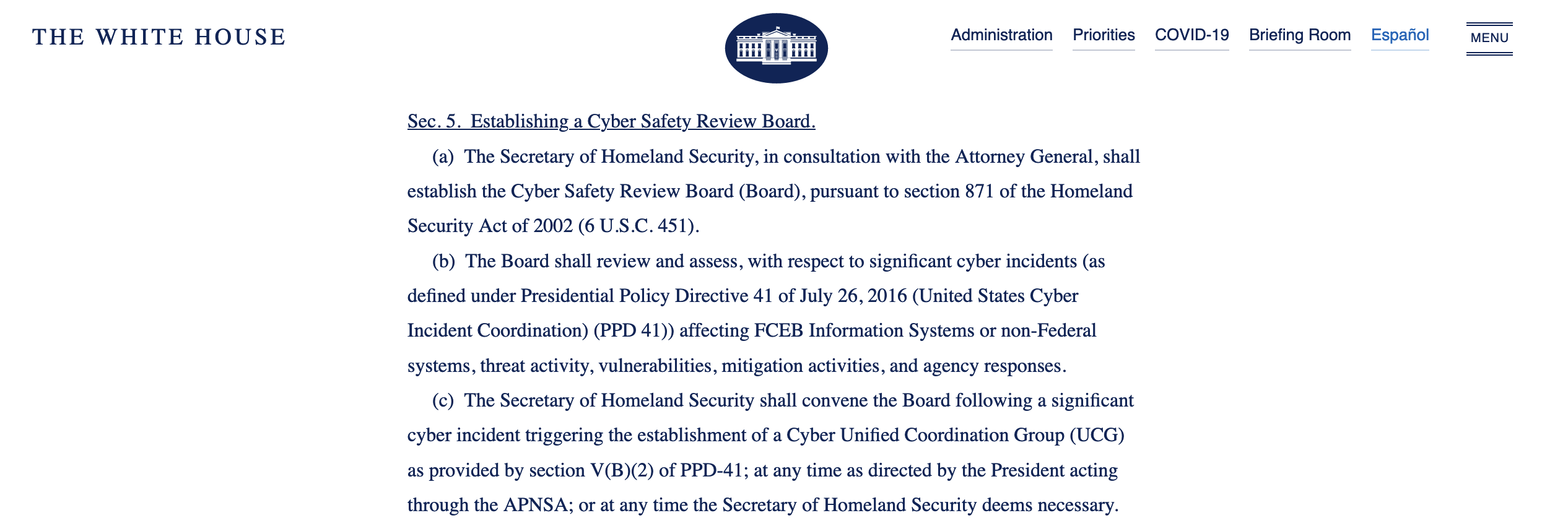 Screenshot of Executive Order on White House website