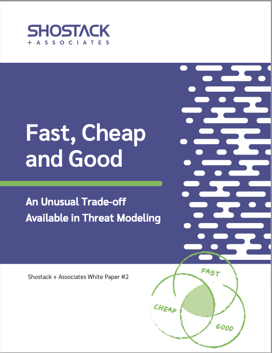 A whitepaper cover page, with the title fast, cheap and good: an unusual tradeoff available in threat modeling