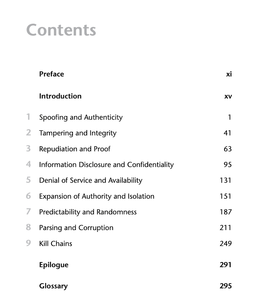 1. Spoofing and Authenticity; 2. Tampering and Integrity; 3. Repudiation and Proof; 4. Information Disclosure and Confidentiality; 5. Denial of Service and Availability; 6. Expansion of Authority and Isolation; 7. Predictability and Randomness; 8. Parsing and Corruption; 9. Kill Chains