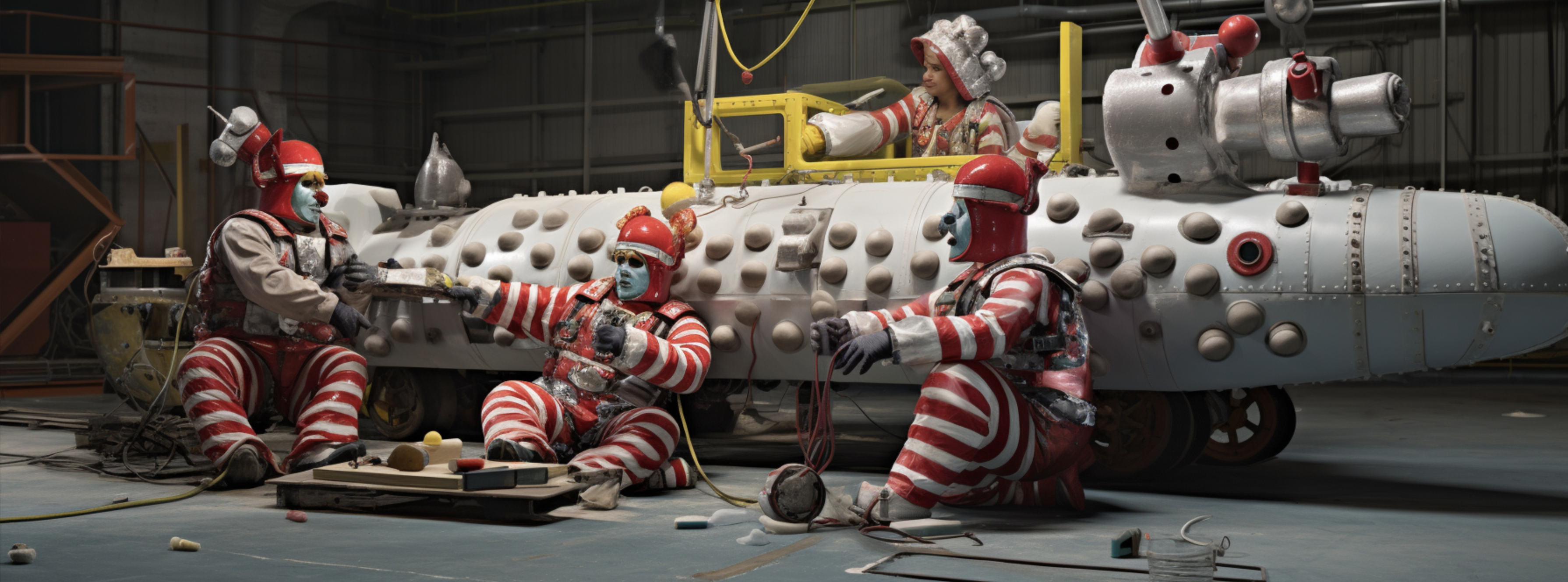 An AI produced image four clowns building a submarine in a large, bright, well-lit hanger. The submarine dominates the scene and is much larger than the clowns. It has badly-fitted parts. The clowns are wearing baggy polka-dotted clown suits, bright clown makeup and wigs.