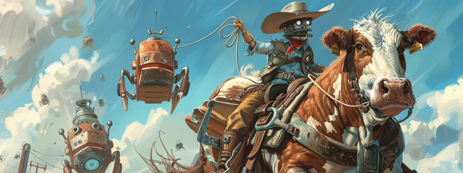 a cow is riding on the back of a horse. The cow is dressed as a cowboy with a hat and a lasso, and she is rounding up robots. there are lots of robots scuttling around