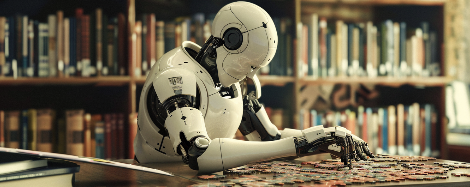 a photograph of a robot, sitting in a library, working on a jigsaw puzzle