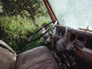 interior of a rusting car