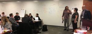 Wide view of in-person threat modeling training with Adam Shostack at the whiteboards