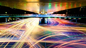 slow exposure of busy traffic intersection at night