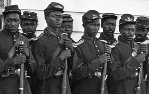 black and white photography of members of the Fourth US Infantry detail, 1864