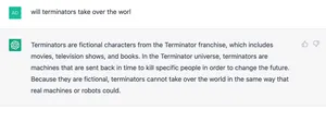 Text from GPT3, claiming that terminators cannot take over the world in the same way that real machines or robots could.