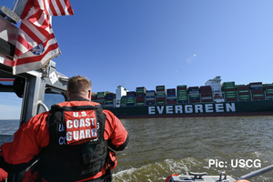 The US Coast Guard approaches a grounded Evergreen ship