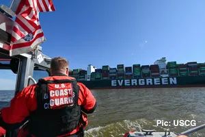 The US Coast Guard approaches a grounded Evergreen ship