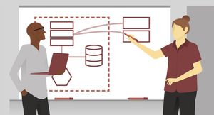 graphic depicting two adults conducting threat modeling training with laptop and whiteboard