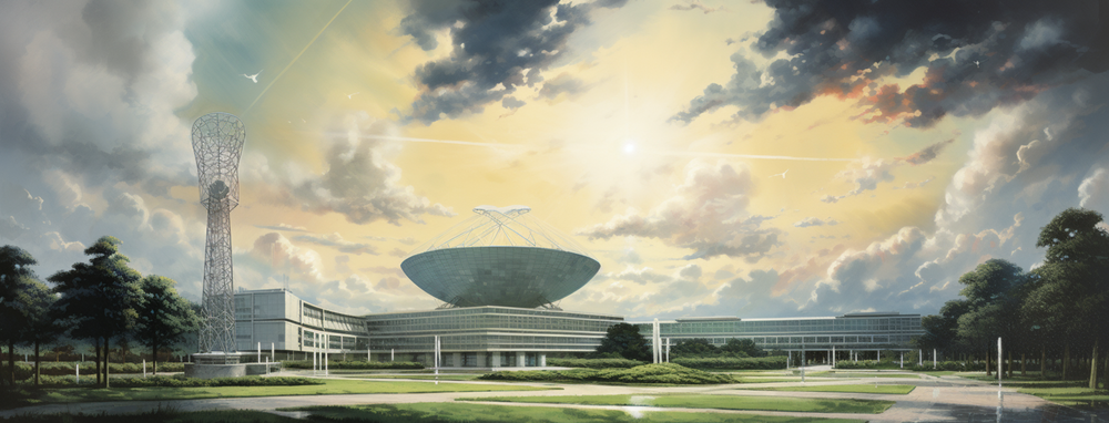 An AI generated image of a bright watercolor of storm clouds passing over a corporate campus, filled with low square concrete buildings. All are surrounded by well manicured lawns. In the background is the iconic arecebo radio telescope