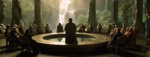 A small council meets to review an incident in a well lit room in Rivendell