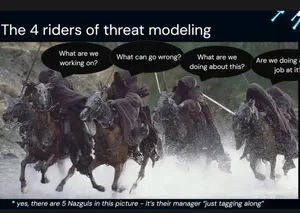 A still from Lord of the Rings, showing nazgul crossing a river, with the four questions of threat modeling added, and a note ‘There are five nazgul, their manager is tagging along’.