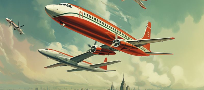 An AI image of two modern 737 airplanes nearly missing each other, styled as a 1950s pulp paperback cover