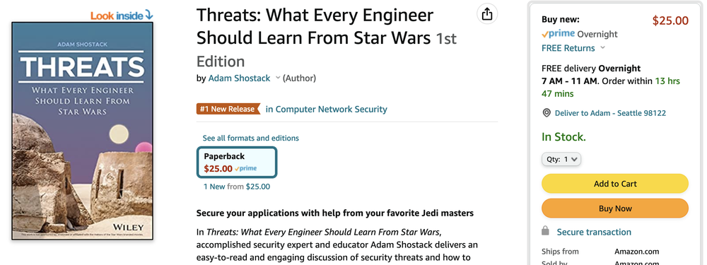 An amazon screencapture showing threats as the #1 new release in Computer Network Security, and delivering overnight