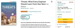An amazon screencapture showing threats as the #1 new release in Computer Network Security, and delivering overnight