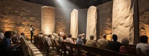 Image by Midjourney, “stone tablets displayed on tall pedastals under spotlight in a museum, professor giving a lecture. The room is brightly lit with sunlight streaming in.”