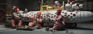 An AI produced image four clowns building a submarine in a large, bright, well-lit hanger. The submarine dominates the scene and is much larger than the clowns. It has badly-fitted parts. The clowns are wearing baggy polka-dotted clown suits, bright clown makeup and wigs.