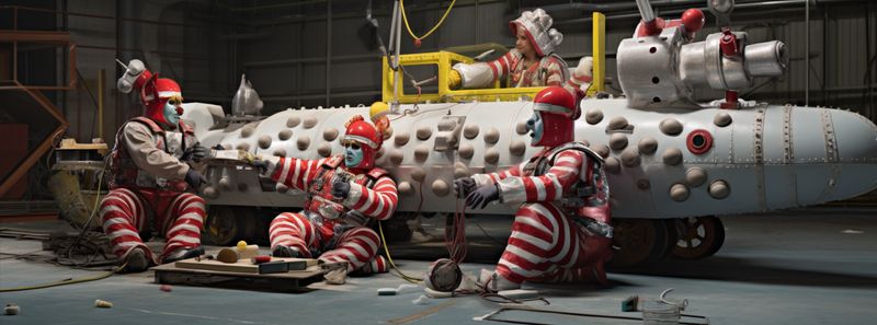 An AI produced image four clowns building a submarine in a large, bright, well-lit hanger. The submarine dominates the scene and is much larger than the clowns. It has badly-fitted parts. The clowns are wearing baggy polka-dotted clown suits, bright clown makeup and wigs.