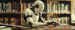 a photograph of a robot, sitting in a library, working on a jigsaw puzzle
