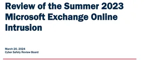 The cover page from the Computer Safety Review Board’s ‘Review of the Summer 2023Microsoft Exchange Online Intrusion’