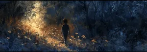 a boy walking through a the forest and passing by mushrooms, in the style of chiaroscuro figurative paintings, light sky-blue and gold, ephemeral installations, intricate, delicate flower and garden paintings, texture exploration, joyful celebration of nature, nightscape --ar 8:3 --v 6.0 