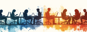 A vector illustration of two groups sitting at their desks, each with one person using a laptop and others looking on. 