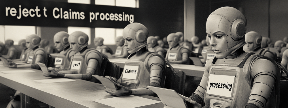 a photograph of a room full of robots, at desks. each rapidly reading and rejecting insurance claims. Each has a ‘reject’ stamp. In the background is a sign that says ‘Claims processing’ 1950s style