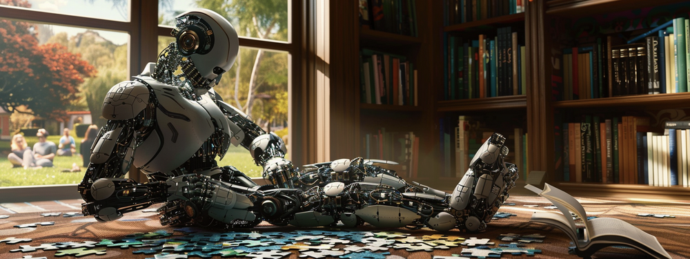 a photograph of a robot, sitting in a library, working on a jigsaw puzzle