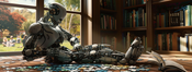a photograph of a robot, sitting in a library, working on a jigsaw puzzle