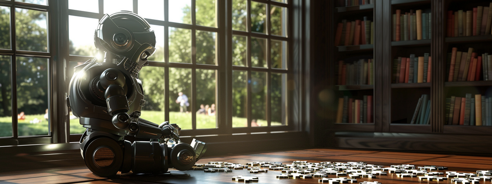 a photograph of a robot, sitting in a library, working on a jigsaw puzzle