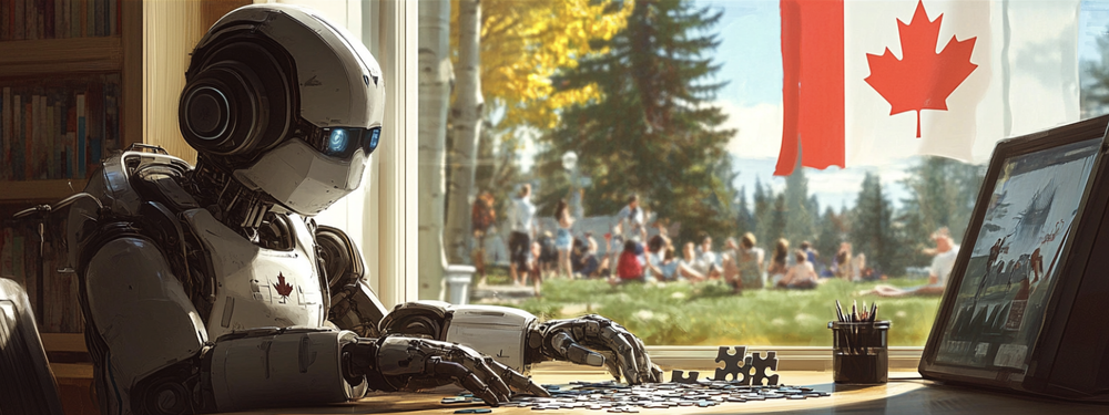 a photograph of a robot, sitting in a library, working on a jigsaw puzzle