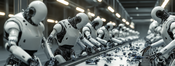 a photograph of a row of robots behind a conveyor belt. The robots are doing quality assurance. The belt is full of unique rube goldberg machine. The floor is littered with broken machines