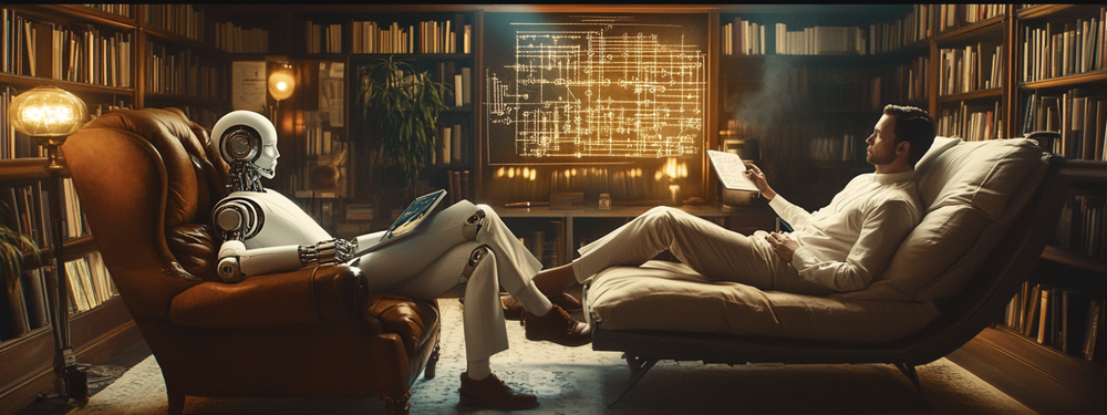photograph of two people seated in a book-lined office, both facing right side of the image, one a robot in an overstuffed armchair, the other a person dressed in office clothes lying on a chaise lounge, sketching an enterprise data flow on a whiteboard