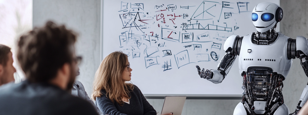 a photograph of a robot standing at a whiteboard, trying to explain a crazy complicated diagram to a group of people seated around a conference table. the faces of the people at the table look bored and skeptical