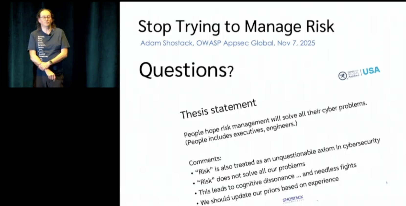 Screenshot of the cover for Adam's keynote 'Stop Trying to 'Manage Risk''