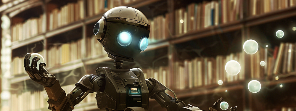 a photograph of a robot, sitting in a library with high ceilings, frantically juggling glowing balls.