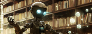 a photograph of a robot, sitting in a library with high ceilings, frantically juggling glowing balls.