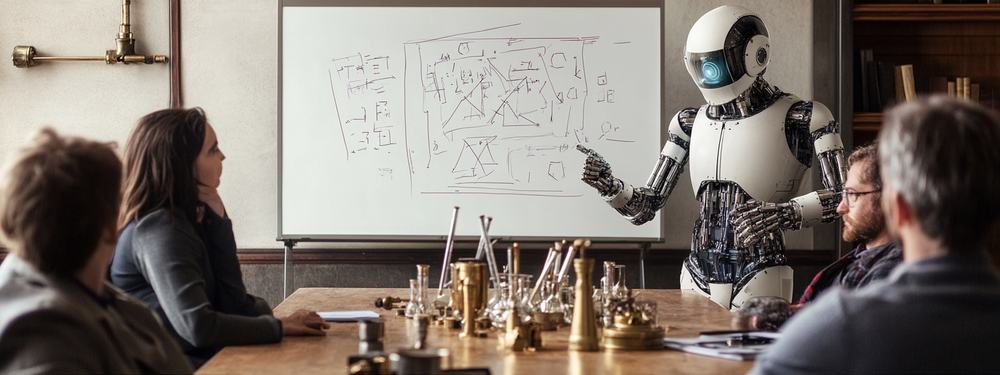 a photograph of a robot standing at a whiteboard, trying to explain a crazy complicated diagram to a group of people seated around a conference table.