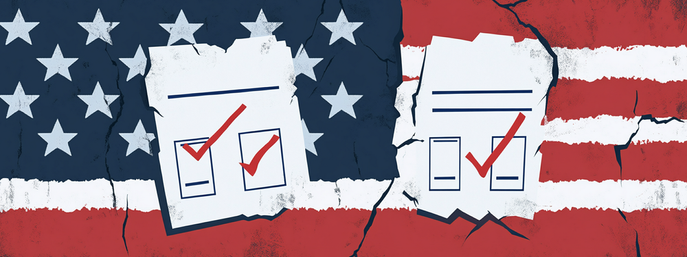 a ballot on white paper, with two large checkboxes labeled yes and no. The backgroundis a cracked American flag