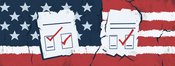 a ballot on white paper, with two large checkboxes labeled yes and no. The backgroundis a cracked American flag