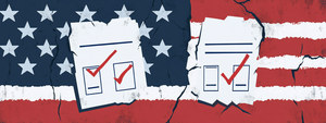 a ballot on white paper, with two large checkboxes labeled yes and no. The backgroundis a cracked American flag