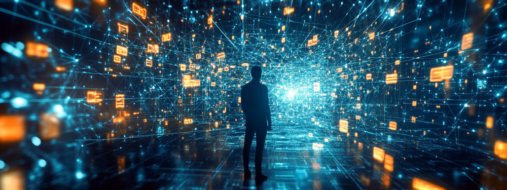 A man standing surrounded by a blue and amber matrix