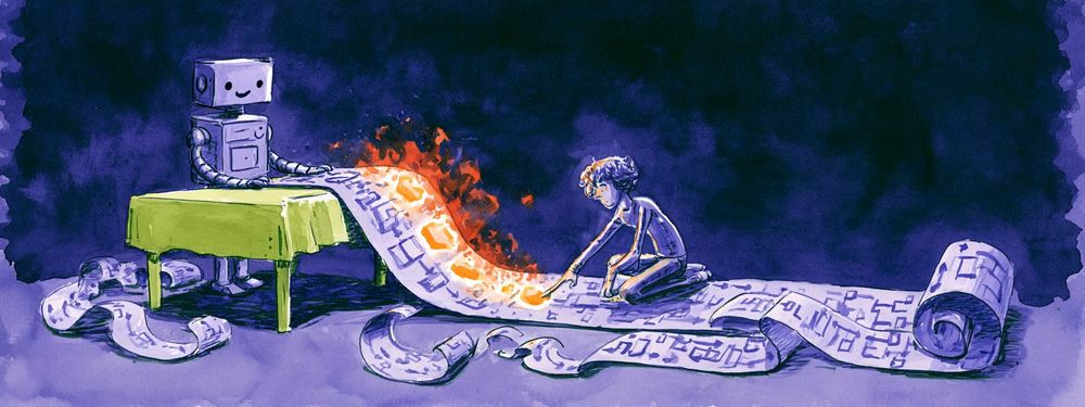 A robot helpfully provides an overly verbose diagram on a scroll to a developer, who is noticing the flaming symbols that represent assumptions added by the AI model