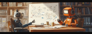 Two robots sit in a book-lined office discussing strategy at a propped-up whiteboard.
